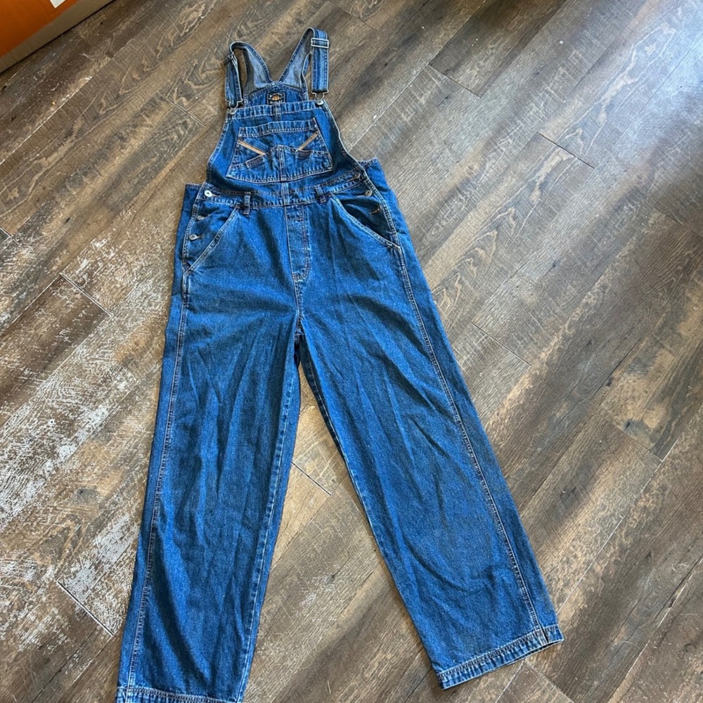 Route 66‎ Mens Medium Womens Large Wash Denim Wide Leg Overalls Dungarees Blue